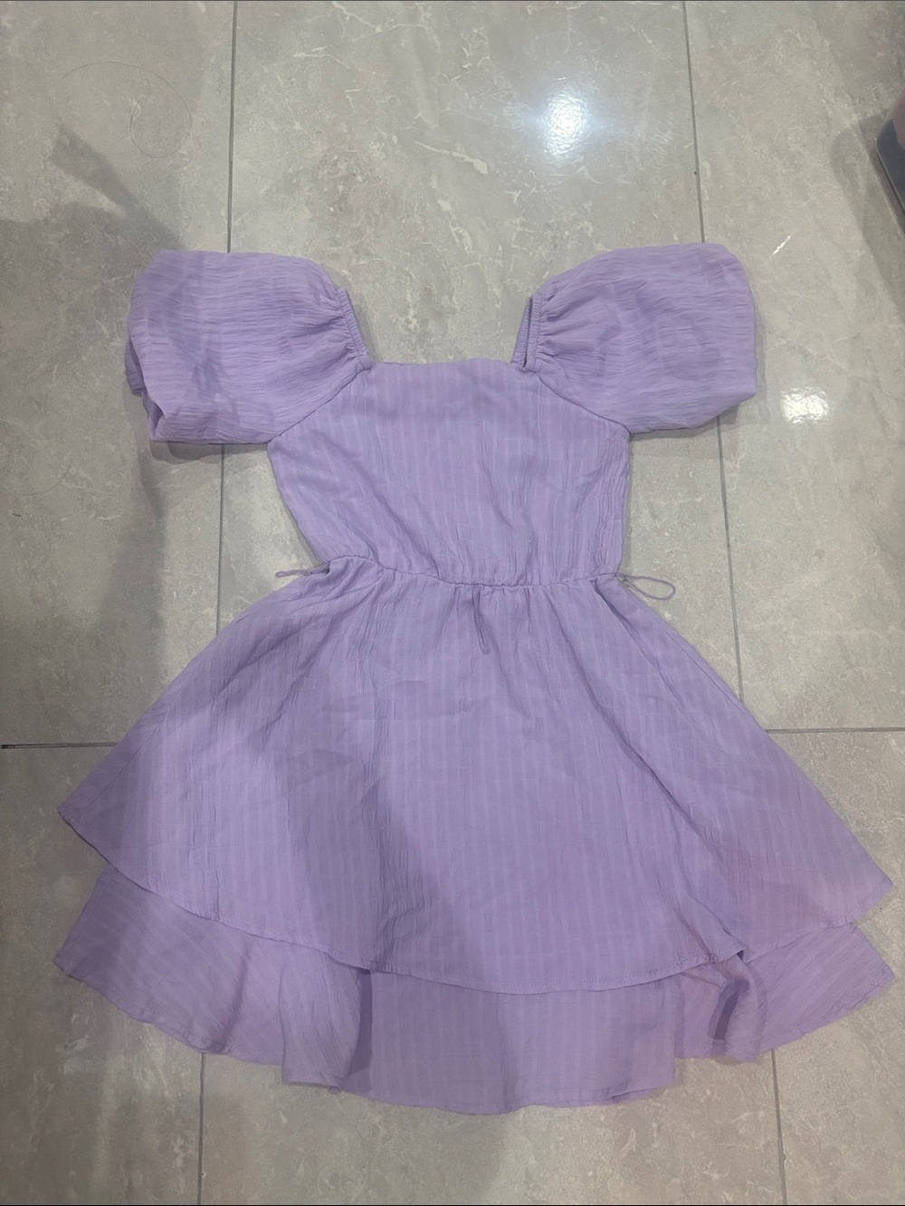 Lilac Puff-Sleeve Tiered Mini Dress